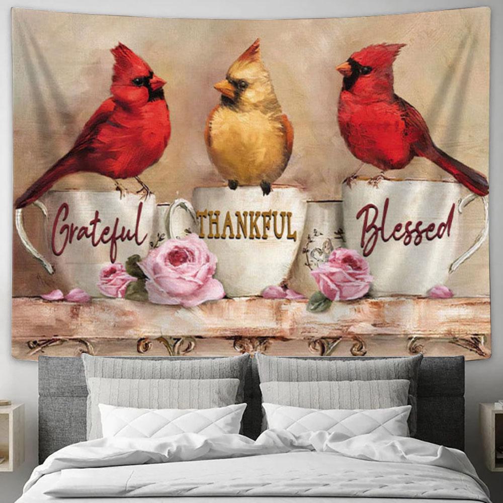 Grateful Thankful Blessed Tapestry Wall Art - Cardinal - Christian Gifts - Christian Wall Decor
