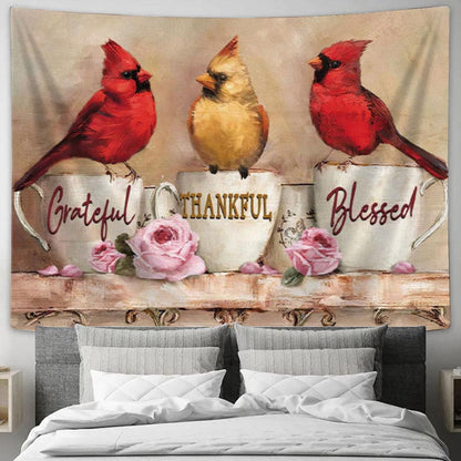 Grateful Thankful Blessed Tapestry Wall Art - Cardinal - Christian Gifts - Christian Wall Decor