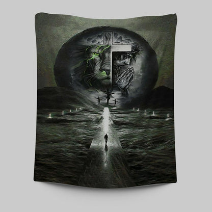 Gray Jesus Lion Tapestry Wall Art - Jesus Tapestry Pictures - Christian Tapestries Wall Art
