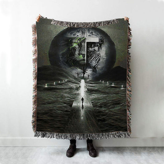 Gray Jesus Lion Woven Throw Blanket - Jesus Woven Blanket Pictures - Christian Woven Throw Blanket