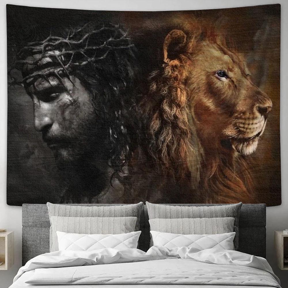 Great Lion Of Judah, Crown Of Thorns, Awesome Jesus And Lion Painting Tapestry, Tapestries for Living Room Bedroom