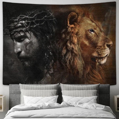 Great Lion Of Judah, Crown Of Thorns, Awesome Jesus And Lion Painting Tapestry, Tapestries for Living Room Bedroom