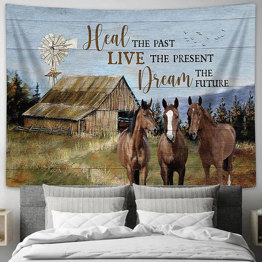 Green Meadow Horses Windmill Heal The Past Wall Art Tapestry - Christian Wall Decor - Gifts For Horse Lovers