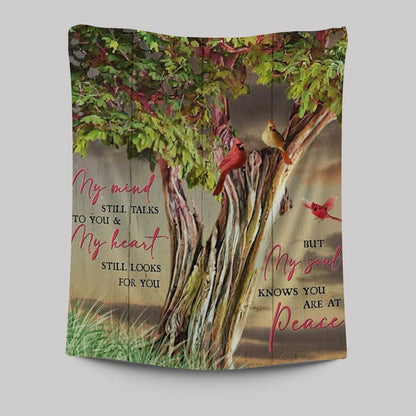 Green Tree, Watercolor Cardinal, My Mind Still Talks To You Tapestry