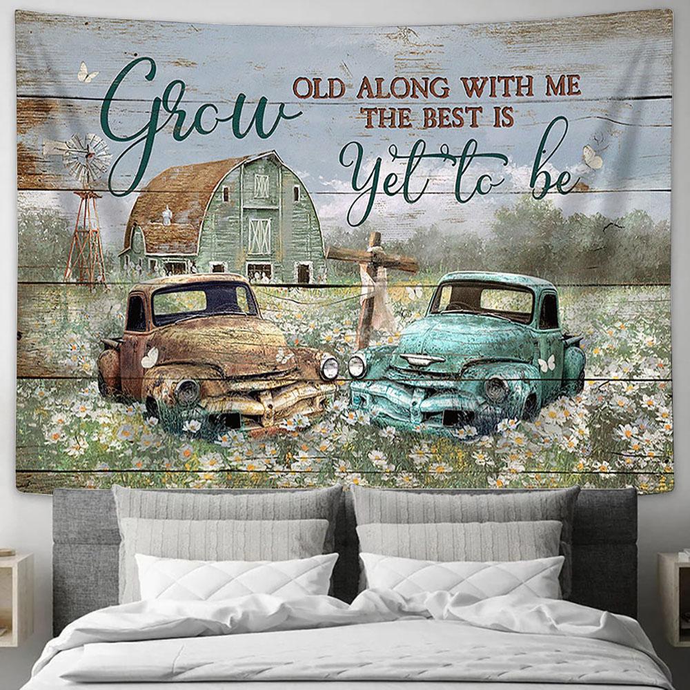 Grow Old Along With Me Old Ladybug Car Daisy Field Tapestry Large Tapestry Art - Christian Wall Decor - Religious Wall Decor