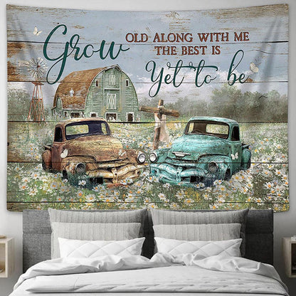 Grow Old Along With Me Old Ladybug Car Daisy Field Tapestry Large Tapestry Art - Christian Wall Decor - Religious Wall Decor
