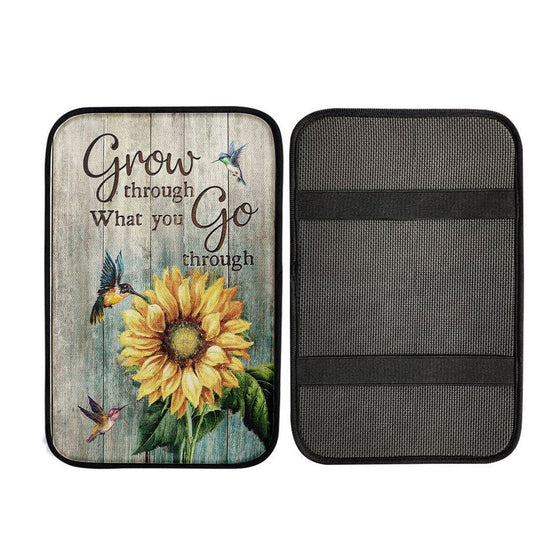Grow Through What You Go Through Sunflower Hummingbird Car Center Console Cover, Religious Car Interior Accessories
