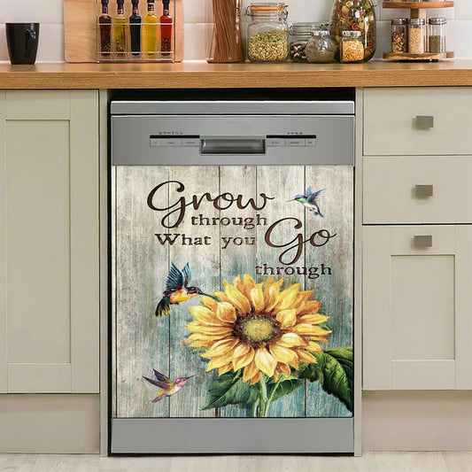 Grow Through What You Go Through Sunflower Hummingbird Dishwasher Cover, Christian Dishwasher Stickers, Bible Verse Kitchen Decor