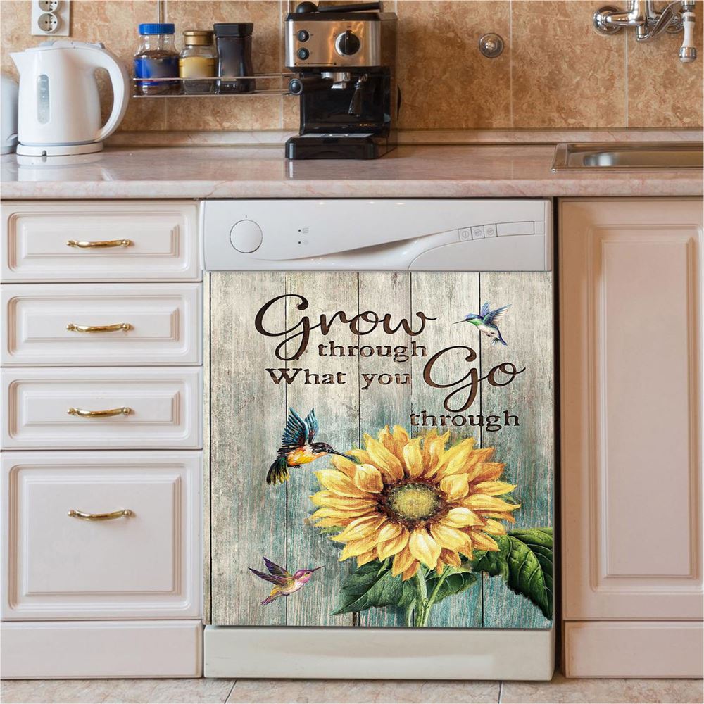 Grow Through What You Go Through Sunflower Hummingbird Dishwasher Cover, Christian Dishwasher Stickers, Bible Verse Kitchen Decor