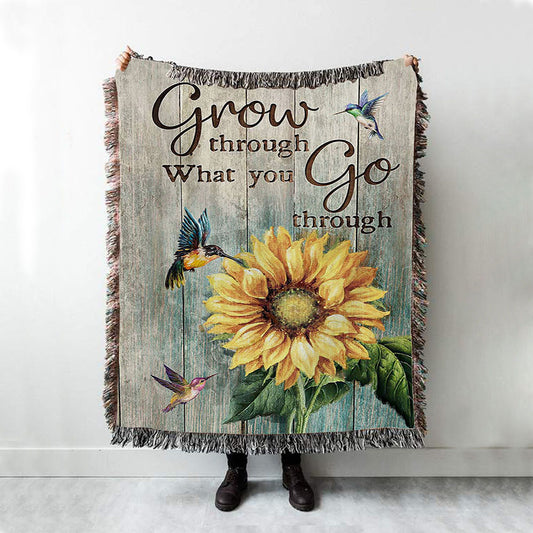 Grow Through What You Go Through Sunflower Hummingbird Woven Blanket Art - Christian Art - Bible Verse Throw Blanket - Religious Home Decor