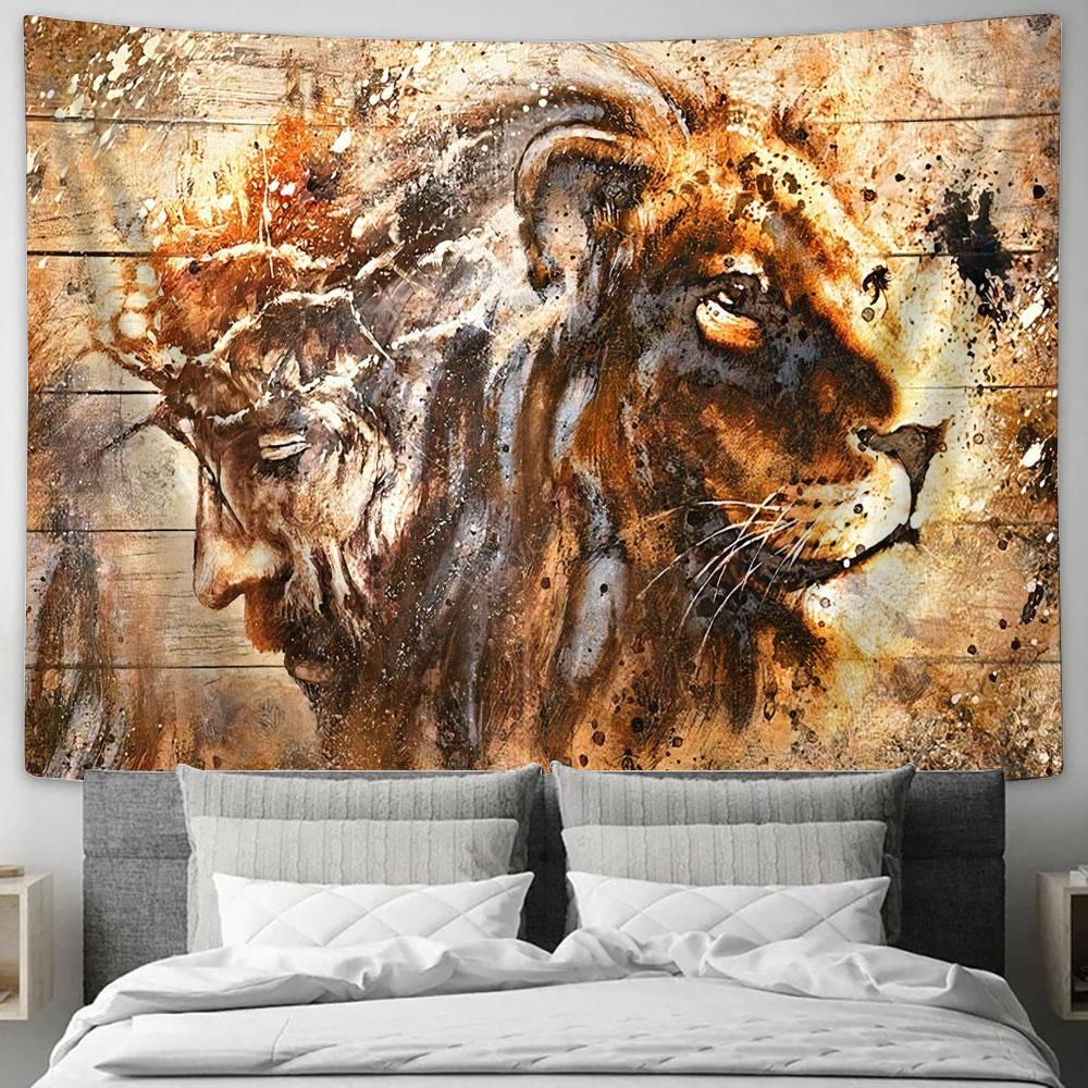 Half Jesus Half Lion - Lion Of Judah Tapestry Prints - Jesus Christ Tapestry - Christian Tapestry Prints