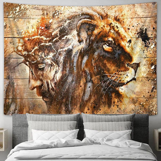 Half Jesus Half Lion - Lion Of Judah Tapestry Prints - Jesus Christ Tapestry - Christian Tapestry Prints