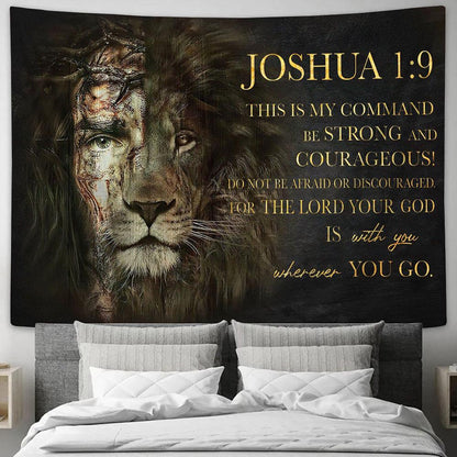 Half Jesus Half Lion Tapestry Prints - Joshua 1 9 Be Strong & Courageous - Jesus Christ Tapestry - Christian Tapestry Prints