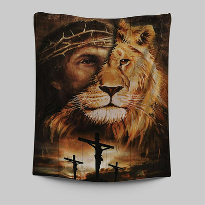 Half Jesus Half Lion Tapestry Wall Art - Jesus Tapestry Pictures - Christian Tapestries Wall Art