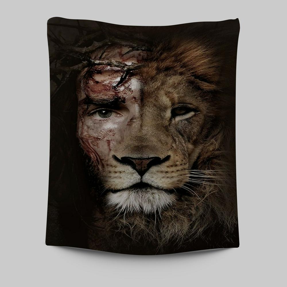 Half Jesus Half Lion Tapestry Wall Art PrintsChristian Wall Decor - Jesus Tapestry Pictures - Christian Tapestries Wall Art