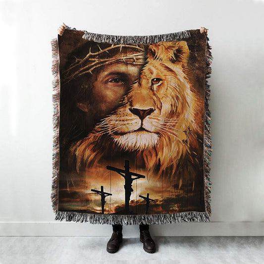 Half Jesus Half Lion Woven Throw Blanket - Jesus Woven Blanket Pictures - Christian Woven Throw Blanket