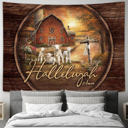 Hallelujah Barn House Sunset On The Farm Tapestry Wall Art - Bible Verse Tapestry - Religious Tapestry Wall Hanging