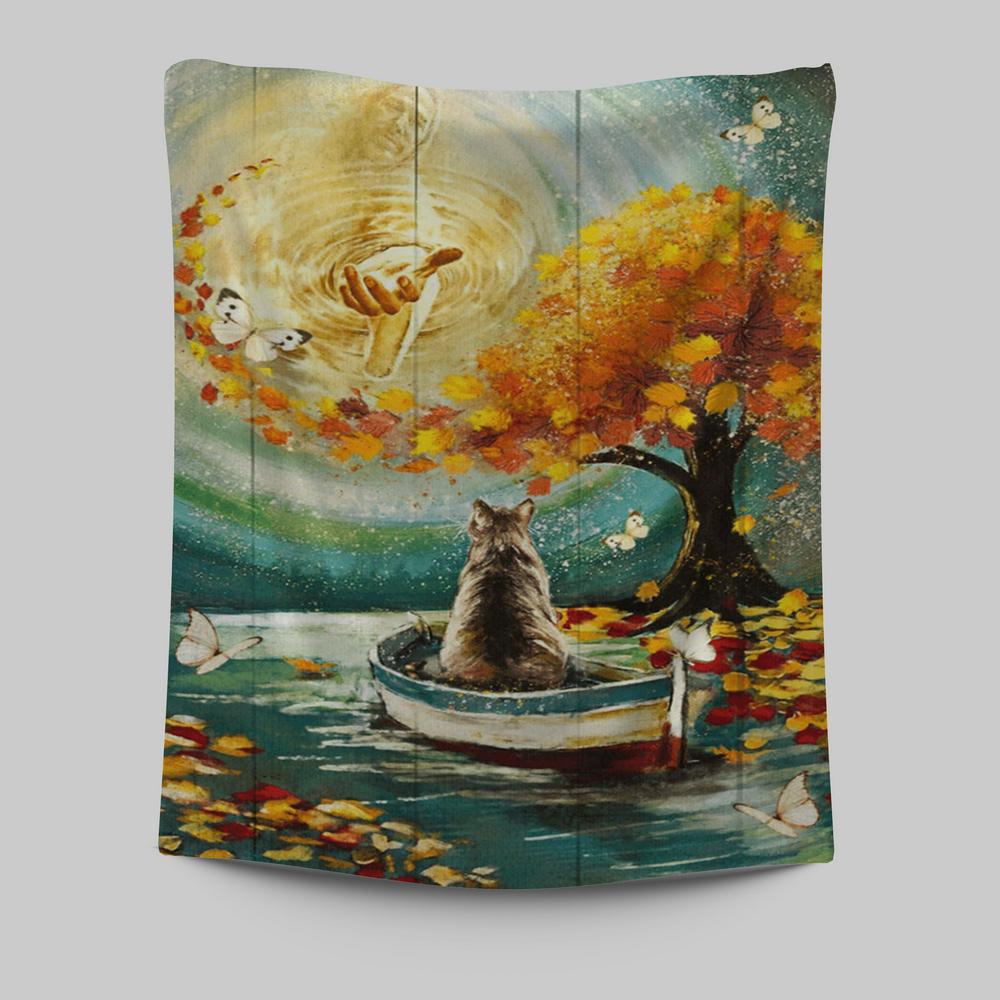 Hand Of God Fall Cat Boat Fall Tree Tapestry Wall Art - Christian Wall Art Decor - Religious Tapestries Wall Hanging Prints