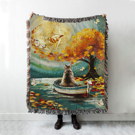 Hand Of God Fall Cat Boat Fall Tree Woven Throw Blanket - Christian Throw Blanket Decor - Religious Woven Blanket Prints