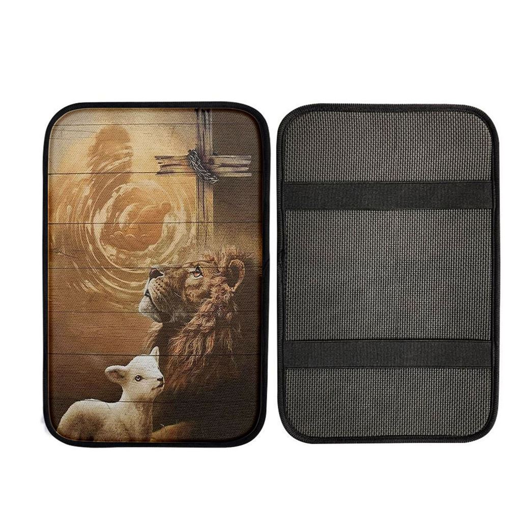 Hand Of God Lion Lamb Cross Car Center Console Cover - Lion Car Armrest Pad, Christian Car Armrest Accessories
