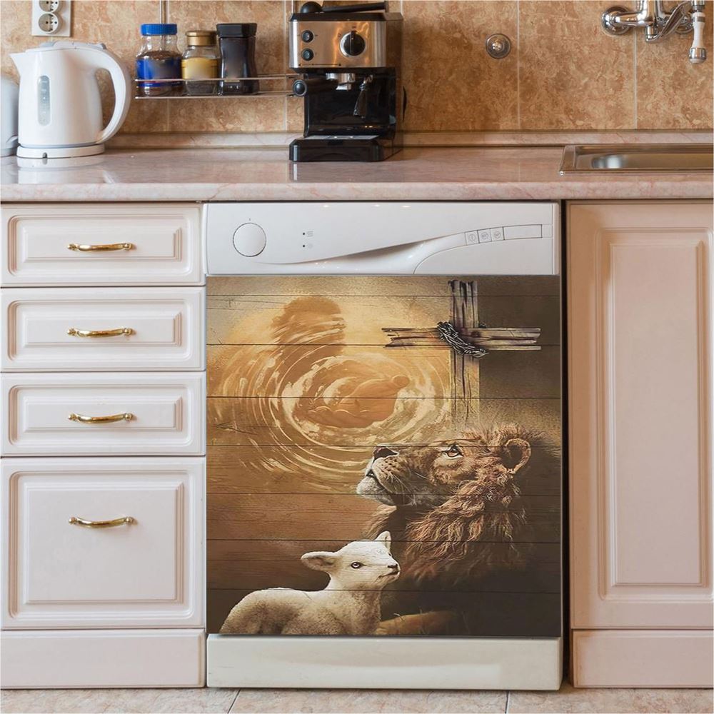Hand Of God Lion Lamb Cross Dishwasher Cover, Lion Dishwasher Stickers, Christian Inspirational Kitchen Decor