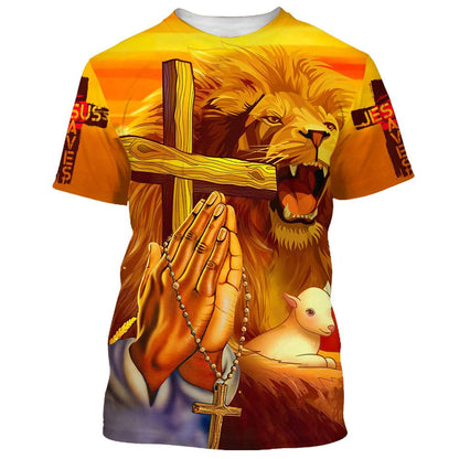 Hand Prayer Jesus Lion And The Lamb All Over Print 3D T-Shirt, Gift For Christian, Jesus Shirt