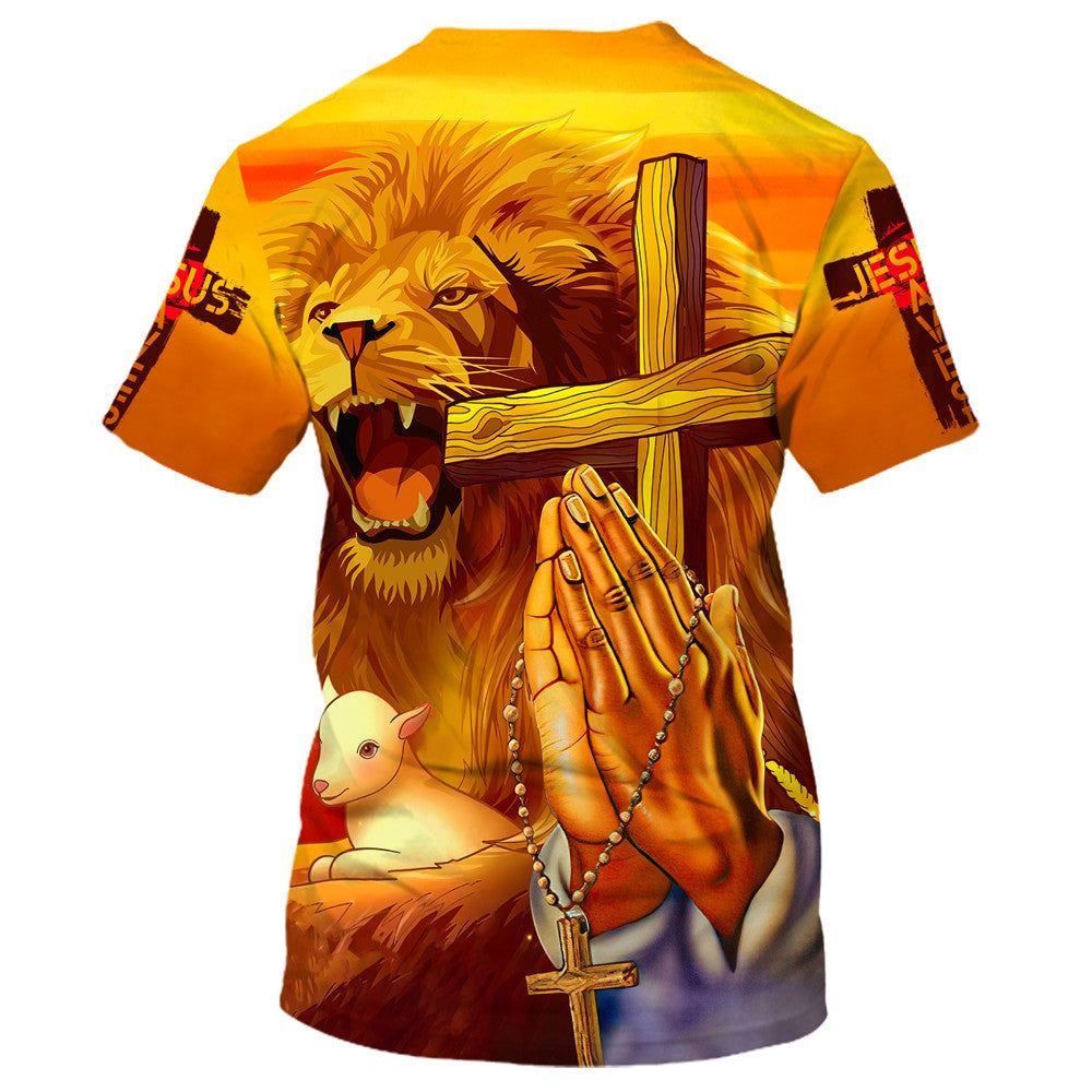 Hand Prayer Jesus Lion And The Lamb All Over Print 3D T-Shirt, Gift For Christian, Jesus Shirt