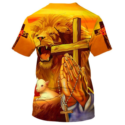 Hand Prayer Jesus Lion And The Lamb All Over Print 3D T-Shirt, Gift For Christian, Jesus Shirt