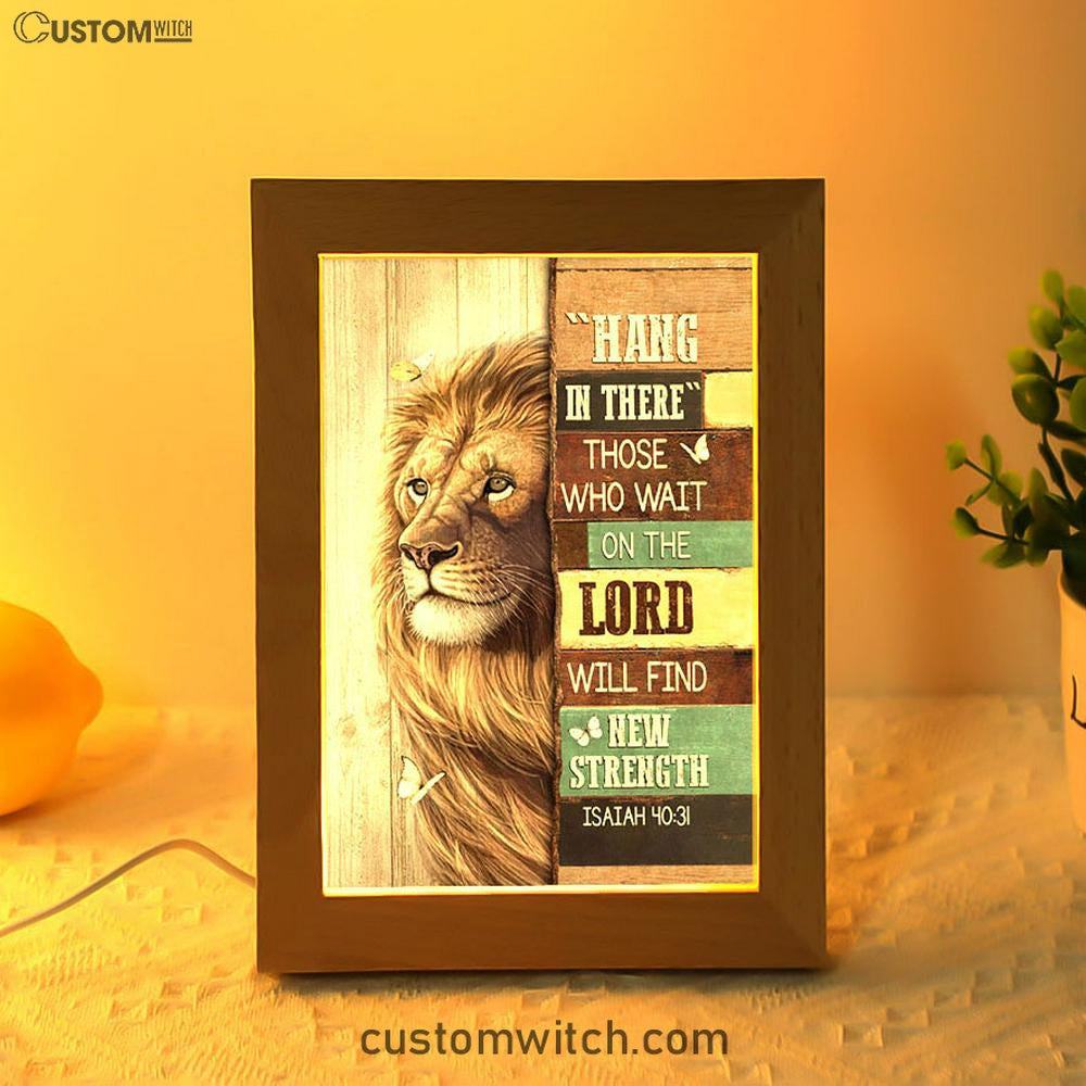 Hang In There Lion White Butterfly Frame Lamp Art - Bible Verse Art - Christian Inspirational Decor