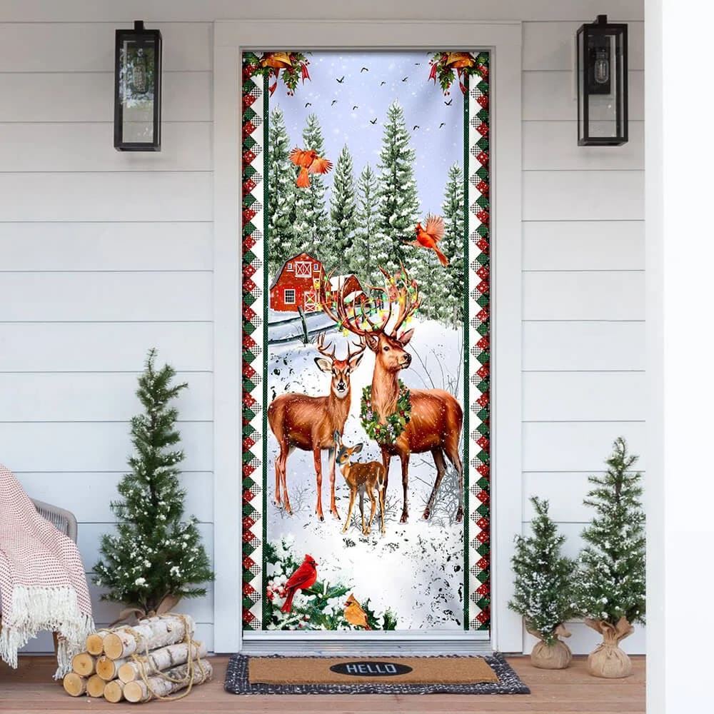 Happy Deer Family Christmas Door Cover, Deer Door Cover, Christmas Door Knob Covers, Christmas Outdoor Decoration