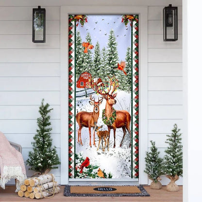 Happy Deer Family Christmas Door Cover, Deer Door Cover, Christmas Door Knob Covers, Christmas Outdoor Decoration