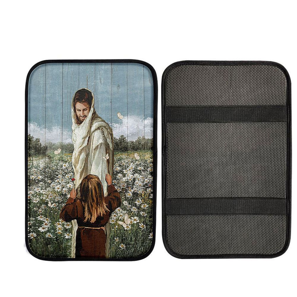 Happy Jesus Little Girl Daisy Field White Butterfly Car Armrest Pad, Christian Car Armrest Accessories
