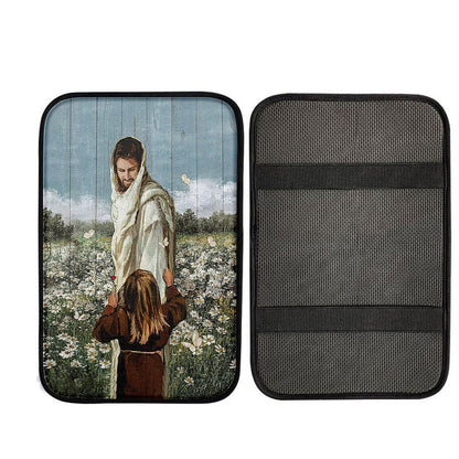 Happy Jesus Little Girl Daisy Field White Butterfly Car Armrest Pad, Christian Car Armrest Accessories