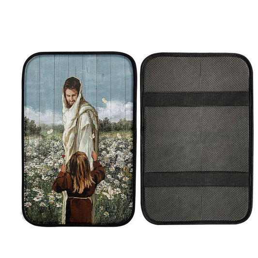 Happy Jesus Little Girl Daisy Field White Butterfly Car Armrest Pad, Christian Car Armrest Accessories