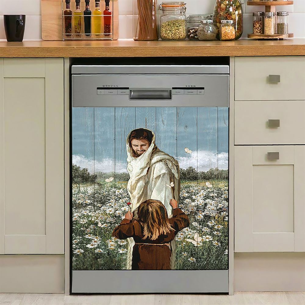 Happy Jesus Little Girl Daisy Field White Butterfly Dishwasher Cover, Christian Dishwasher Stickers, Religious Kitchen Decor