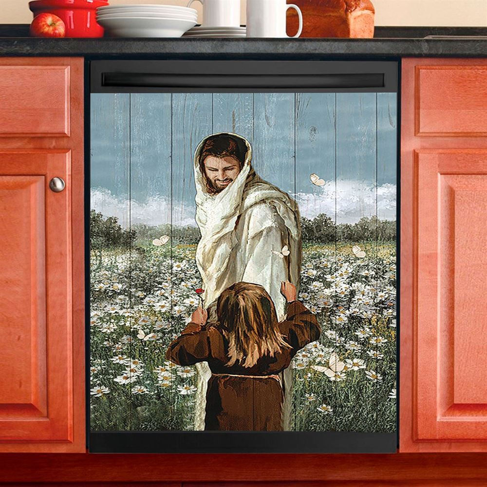 Happy Jesus Little Girl Daisy Field White Butterfly Dishwasher Cover, Christian Dishwasher Stickers, Religious Kitchen Decor