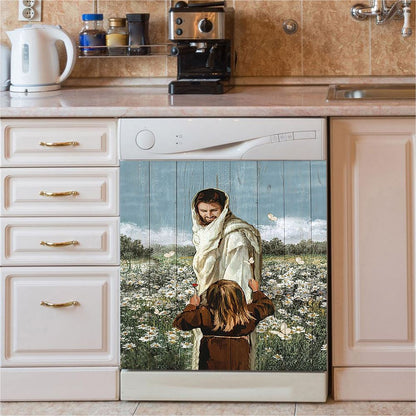 Happy Jesus Little Girl Daisy Field White Butterfly Dishwasher Cover, Christian Dishwasher Stickers, Religious Kitchen Decor