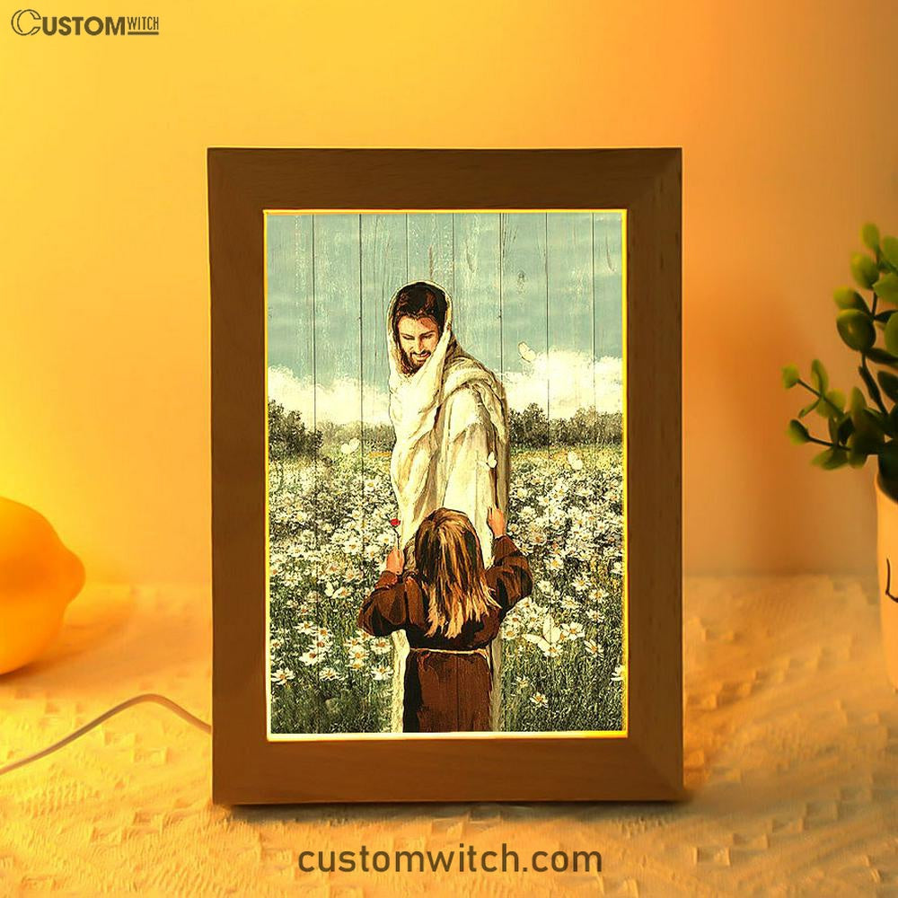 Happy Jesus Little Girl Daisy Field White Butterfly Frame Lamp - Christian Art - Religious Home Decor