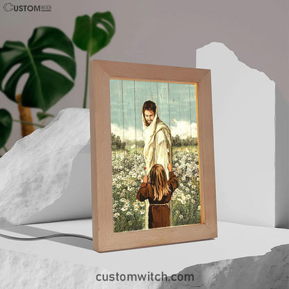 Happy Jesus Little Girl Daisy Field White Butterfly Frame Lamp - Christian Art - Religious Home Decor