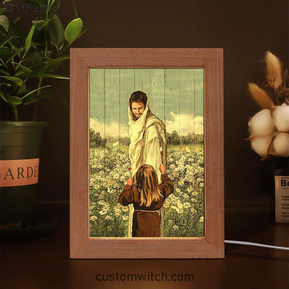 Happy Jesus Little Girl Daisy Field White Butterfly Frame Lamp - Christian Art - Religious Home Decor