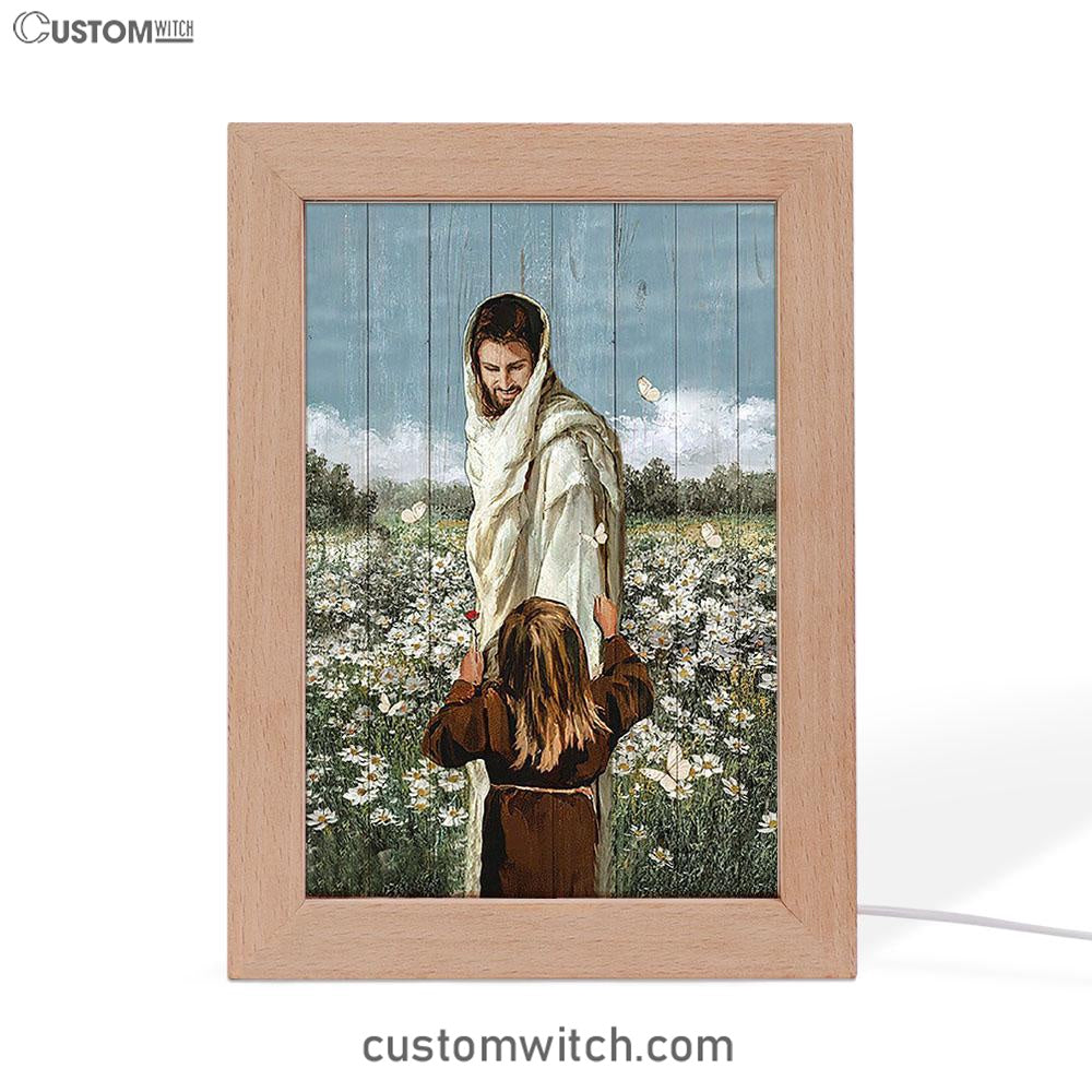 Happy Jesus Little Girl Daisy Field White Butterfly Frame Lamp - Christian Art - Religious Home Decor