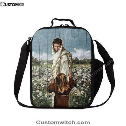 Happy Jesus Little Girl Daisy Field White Butterfly Lunch Bag, Christian Lunch Bag, Religious Lunch Box For School, Picnic