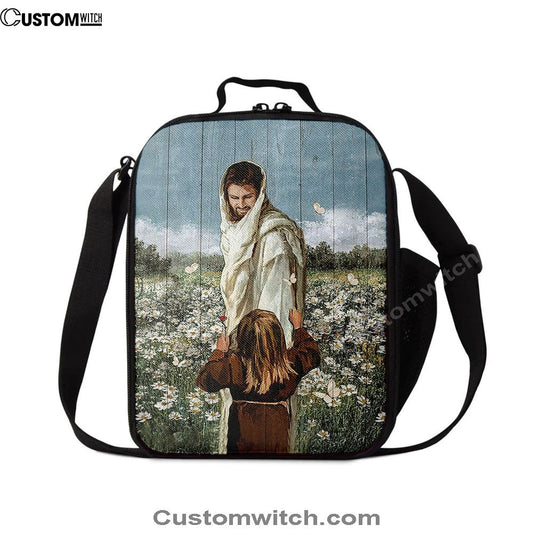 Happy Jesus Little Girl Daisy Field White Butterfly Lunch Bag, Christian Lunch Bag, Religious Lunch Box For School, Picnic