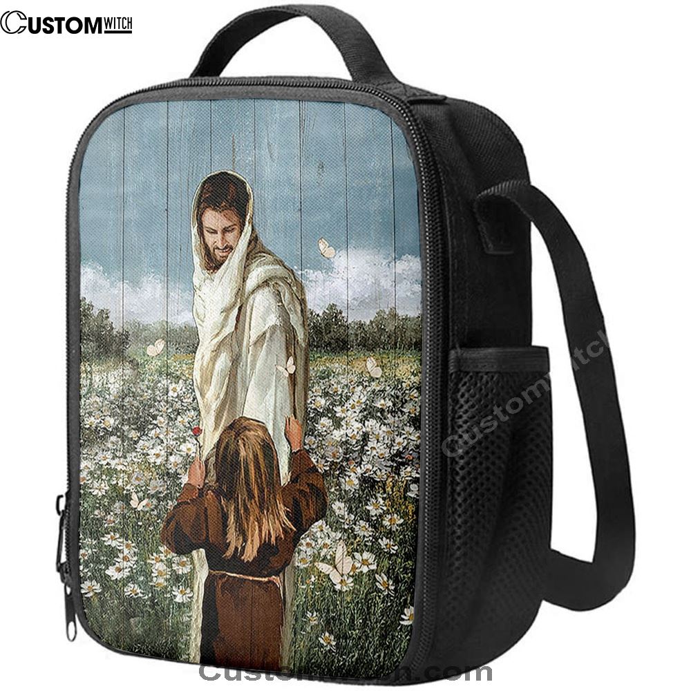 Happy Jesus Little Girl Daisy Field White Butterfly Lunch Bag, Christian Lunch Bag, Religious Lunch Box For School, Picnic