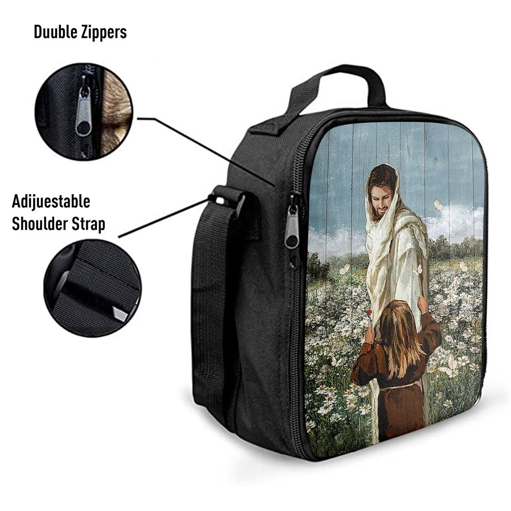 Happy Jesus Little Girl Daisy Field White Butterfly Lunch Bag, Christian Lunch Bag, Religious Lunch Box For School, Picnic