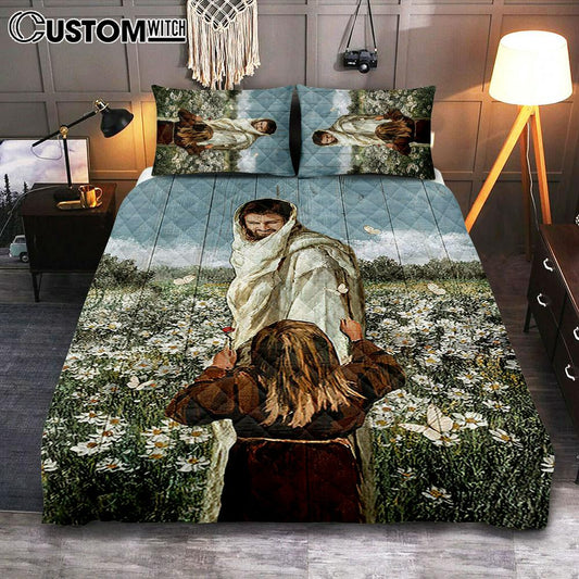 Happy Jesus Little Girl Daisy Field White Butterfly Quilt Bedding Set - Christian Bedroom - Religious Home Decor