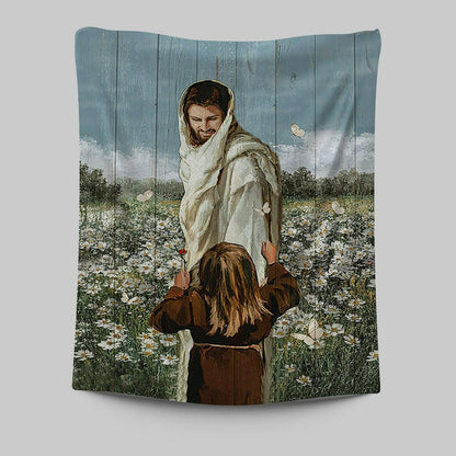Happy Jesus Little Girl Daisy Field White Butterfly Tapestry - Christian Wall Art - Religious Home Decor
