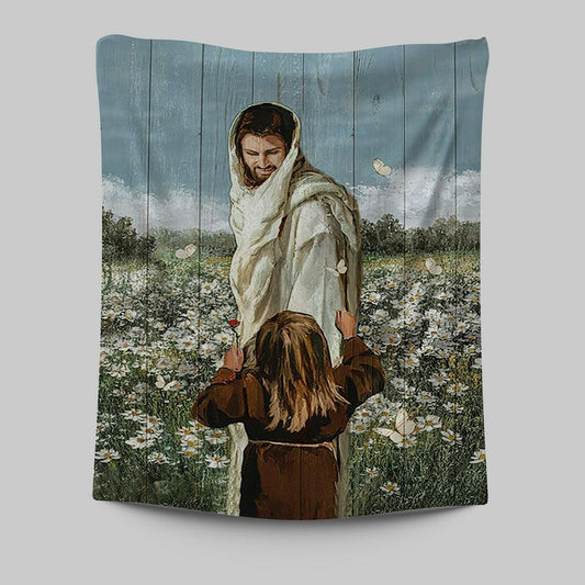 Happy Jesus Little Girl Daisy Field White Butterfly Tapestry - Christian Wall Art - Religious Home Decor