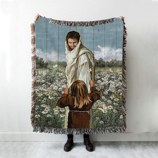 Happy Jesus Little Girl Daisy Field White Butterfly Woven Blanket - Christian Throw Blanket - Religious Home Decor