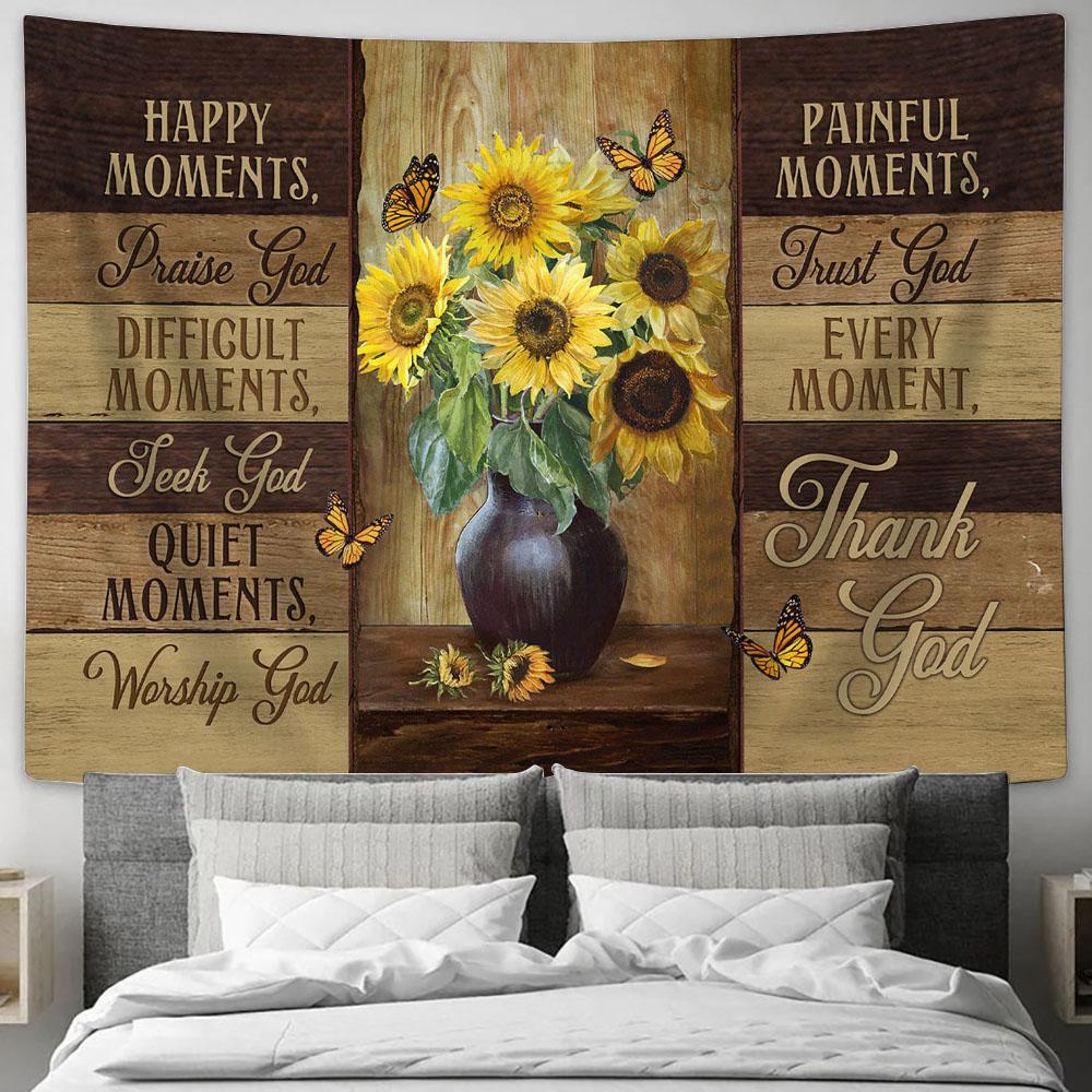 Happy Moment Praise God Sunflower Vase Butterfly Tapestry Prints - Religious Tapestry Art - Christian Home Decor